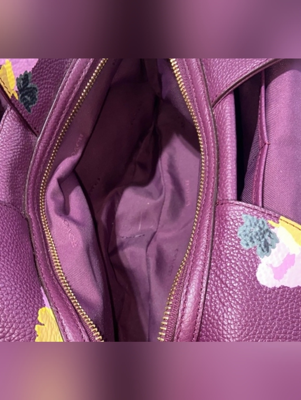 Coach Edie Shoulder Bag Floral Pebbled Leather Purple Multi - Picture 9 of 9